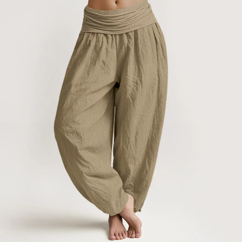 Pantaloni harem da donna in cotone con elastico in vita, tinta unita, color cammello , Buddha Stones