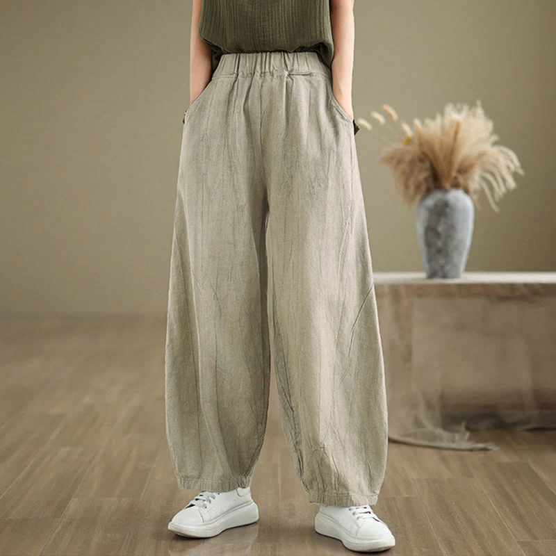 Pantaloni harem da donna in cotone e lino casual Buddha Stones con tasche - Image 4