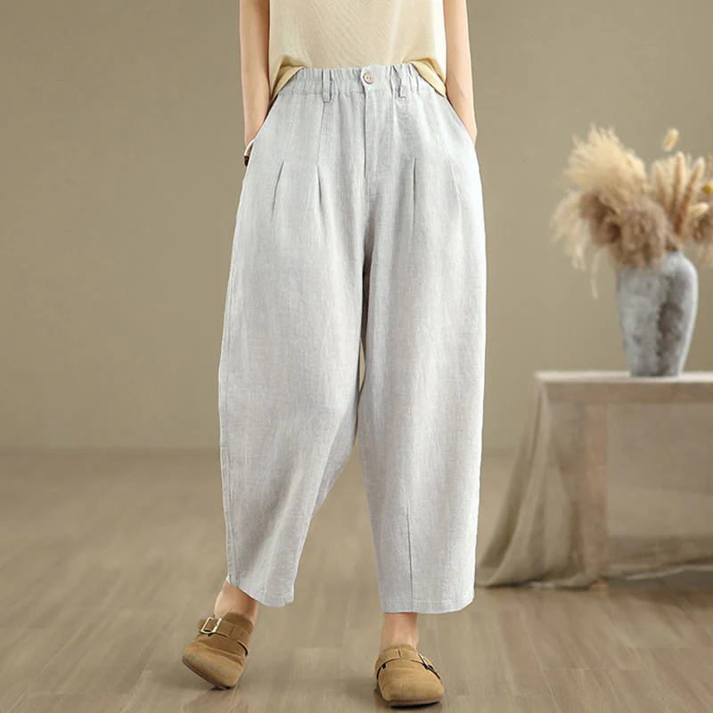 Pantaloni harem da donna in cotone e lino, casual, estivi, a tinta unita, con tasche, a vita alta , Buddha Stones