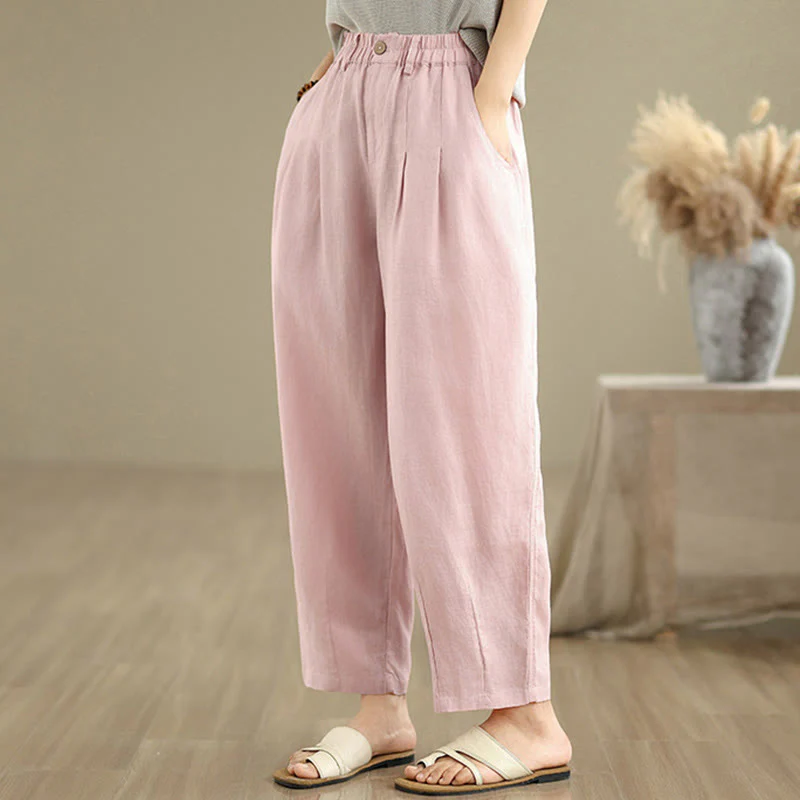 Pantaloni harem da donna in cotone e lino, casual, estivi, a tinta unita, con tasche, a vita alta , Buddha Stones - Image 14