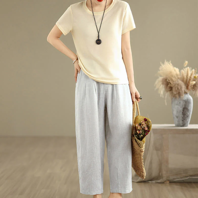 Pantaloni harem da donna in cotone e lino, casual, estivi, a tinta unita, con tasche, a vita alta , Buddha Stones - Image 5