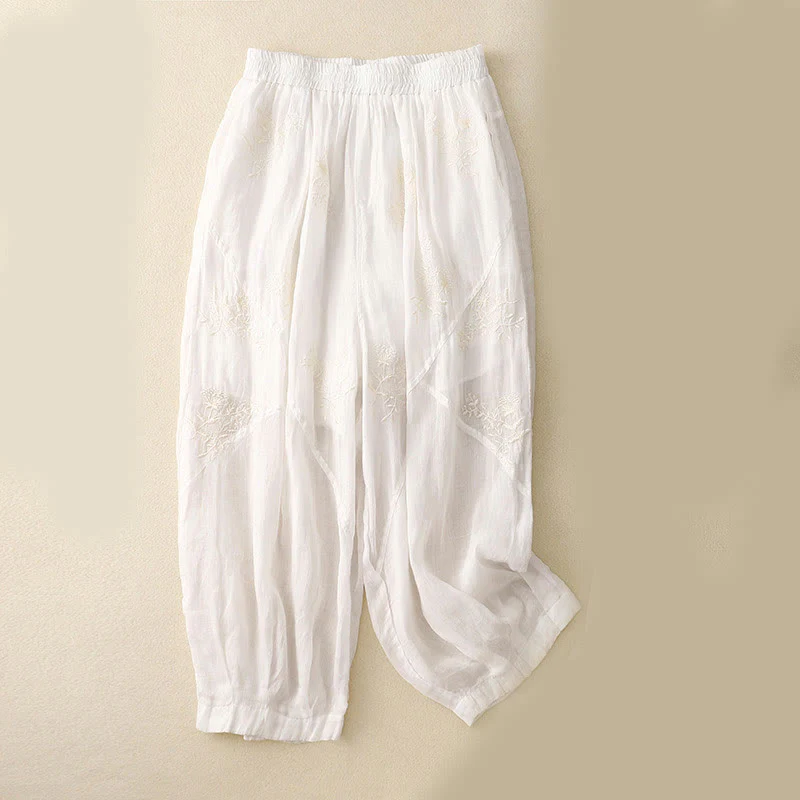 Pantaloni harem da donna in cotone e lino con tasche e motivo ricamato con Buddha Stones - Image 6