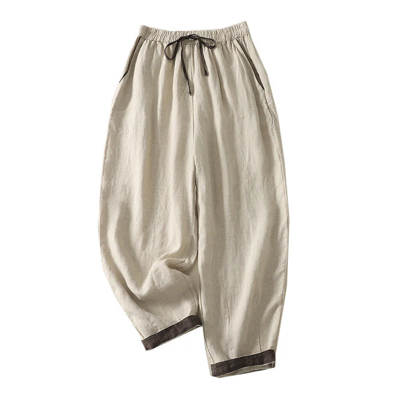 Pantaloni harem da donna in cotone e lino, con tasche, lunghezza 9, con coulisse, casual, estivi, colore puro, Buddha Stones - Image 10