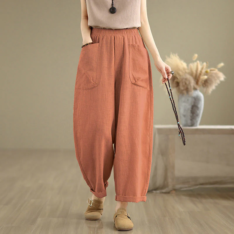 Pantaloni harem da donna in cotone e lino con tasche, casual, semplici e quotidiani, modello Buddha Stones - Image 16