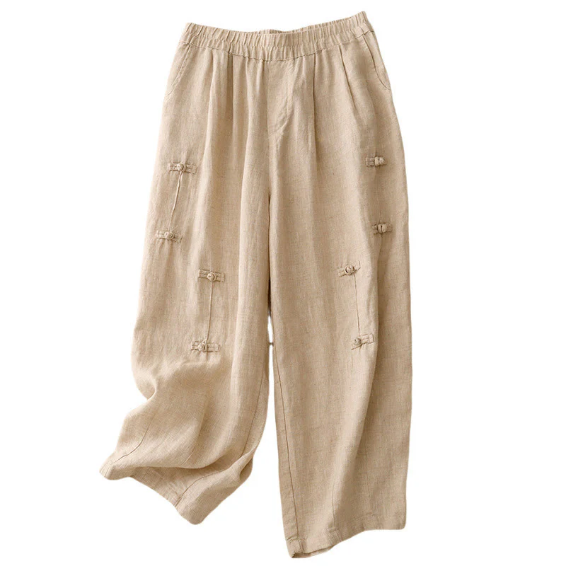 Pantaloni harem da donna in cotone e lino, con tasche, modello Buddha Stones, casual, tinta unita, con bottoni a rana, lunghezza 7-8 - Image 17