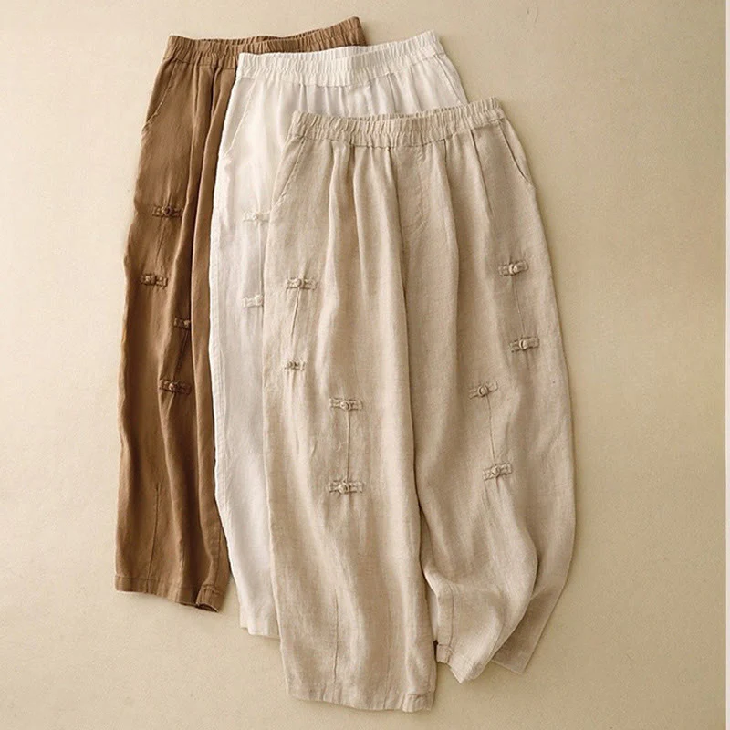 Pantaloni harem da donna in cotone e lino, con tasche, modello Buddha Stones, casual, tinta unita, con bottoni a rana, lunghezza 7-8 - Image 18
