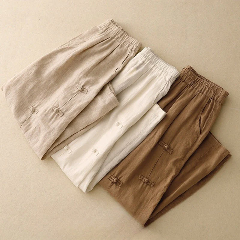 Pantaloni harem da donna in cotone e lino, con tasche, modello Buddha Stones, casual, tinta unita, con bottoni a rana, lunghezza 7-8 - Image 19
