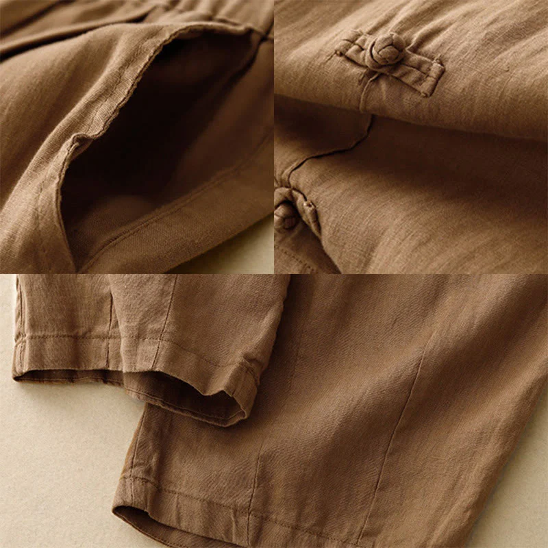 Pantaloni harem da donna in cotone e lino, con tasche, modello Buddha Stones, casual, tinta unita, con bottoni a rana, lunghezza 7-8 - Image 3
