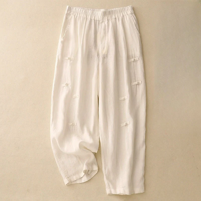 Pantaloni harem da donna in cotone e lino, con tasche, modello Buddha Stones, casual, tinta unita, con bottoni a rana, lunghezza 7-8 - Image 4