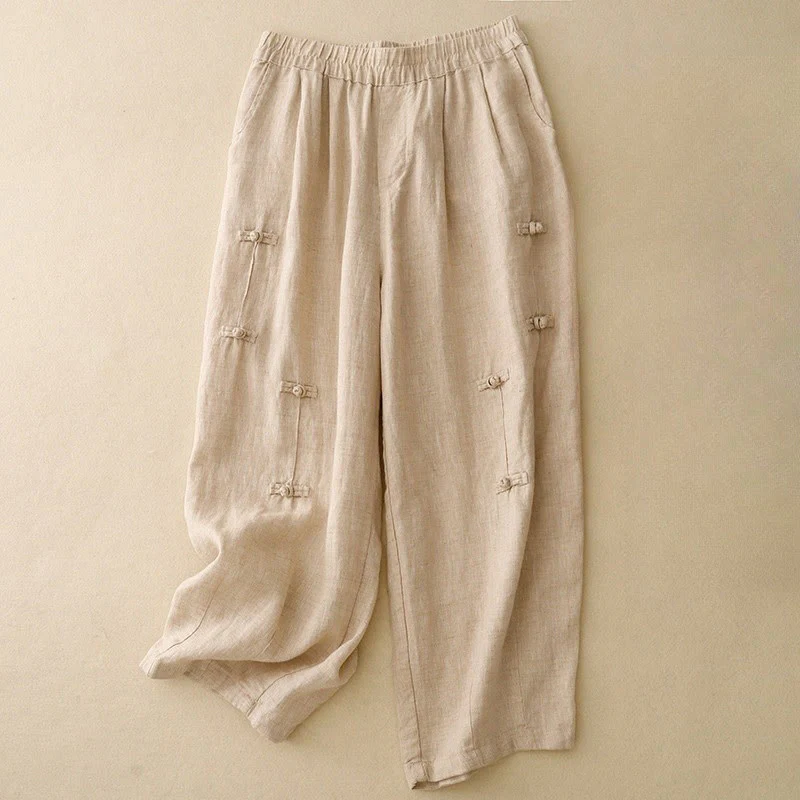 Pantaloni harem da donna in cotone e lino, con tasche, modello Buddha Stones, casual, tinta unita, con bottoni a rana, lunghezza 7-8 - Image 8