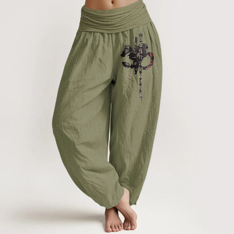 Pantaloni harem da donna in puro cotone con elastico in vita e caratteri cinesi, motivo Buddha Stones - Image 15