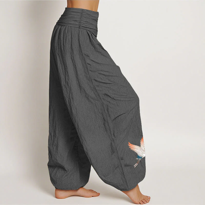 Pantaloni harem da donna in puro cotone con elastico in vita e motivo a due gru graziose Buddha Stones - Image 10