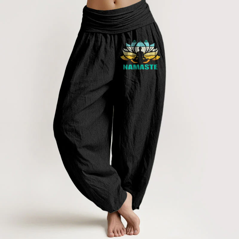 Pantaloni harem da donna in puro cotone con elastico in vita e motivo a loto, motivo "Namaste" Buddha Stones in meditazione