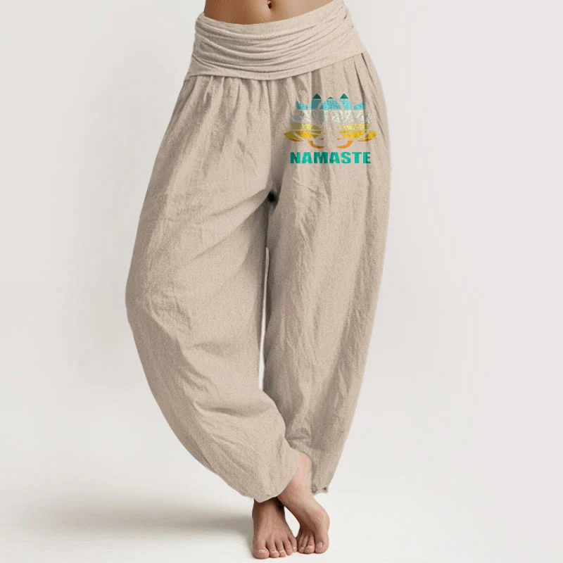 Pantaloni harem da donna in puro cotone con elastico in vita e motivo a loto, motivo "Namaste" Buddha Stones in meditazione - Image 12