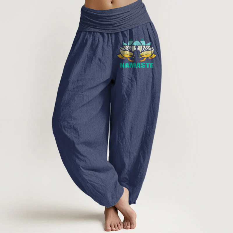 Pantaloni harem da donna in puro cotone con elastico in vita e motivo a loto, motivo "Namaste" Buddha Stones in meditazione - Image 6