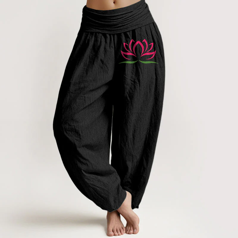 Pantaloni harem da donna in puro cotone con elastico in vita e motivo a loto rosa con motivo a pietre Buddha Stones