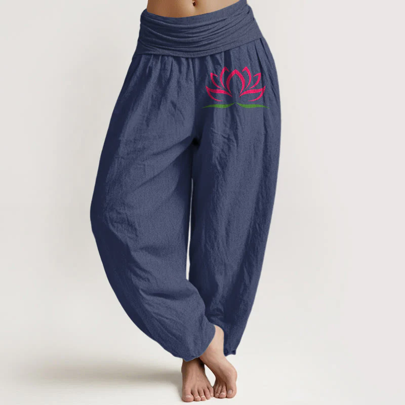 Pantaloni harem da donna in puro cotone con elastico in vita e motivo a loto rosa con motivo a pietre Buddha Stones - Image 6