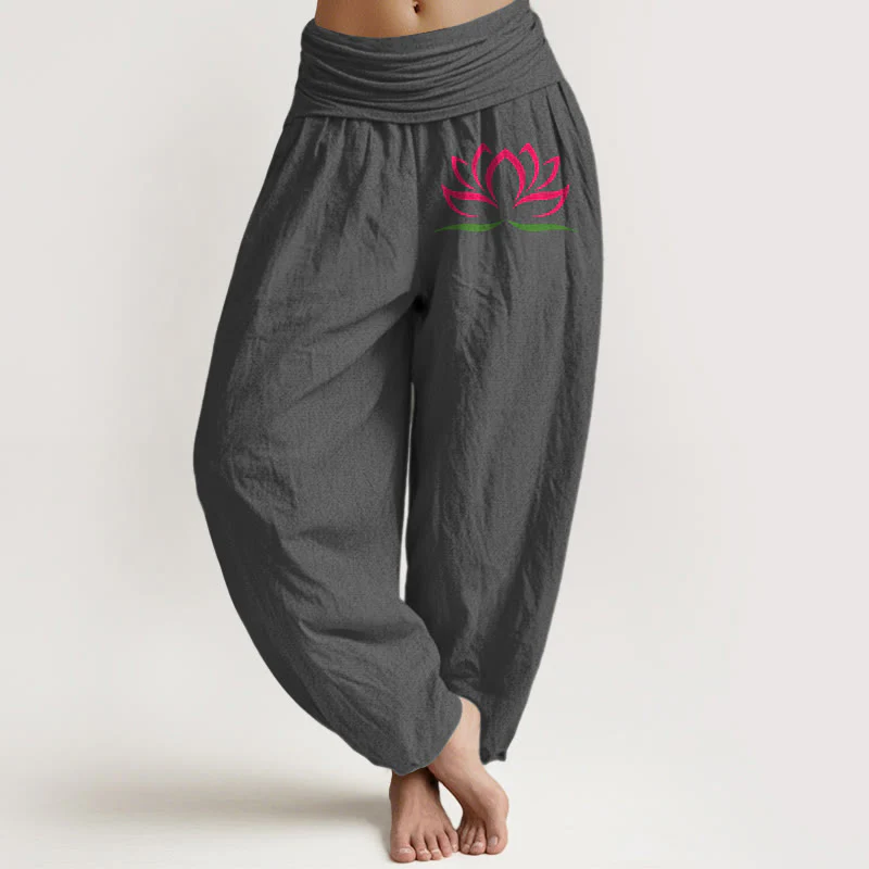 Pantaloni harem da donna in puro cotone con elastico in vita e motivo a loto rosa con motivo a pietre Buddha Stones - Image 9
