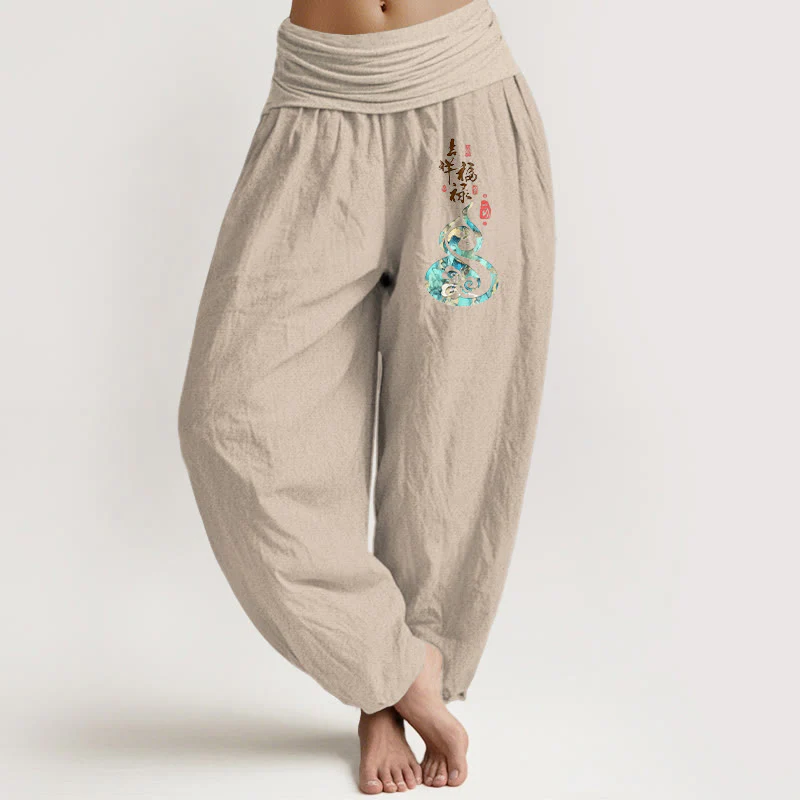 Pantaloni harem da donna in puro cotone con elastico in vita e motivo a zucca, motivo con caratteri cinesi Buddha Stones - Image 12