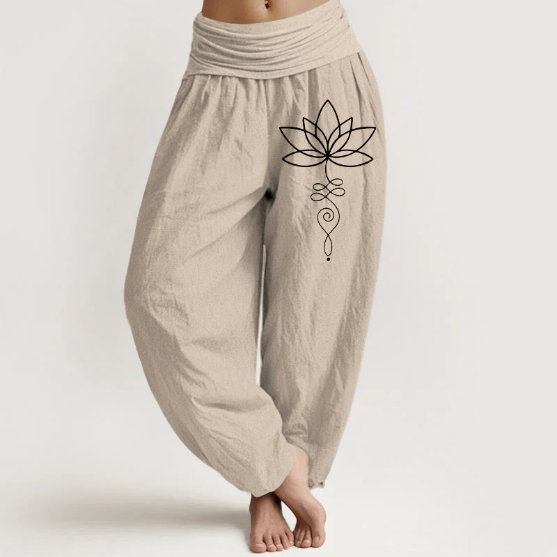 Pantaloni harem da donna in puro cotone con elastico in vita e motivo con Buddha Stones e simbolo di loto e unalome