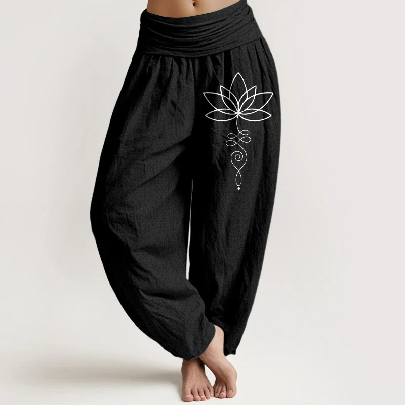 Pantaloni harem da donna in puro cotone con elastico in vita e motivo con Buddha Stones e simbolo di loto e unalome - Image 6