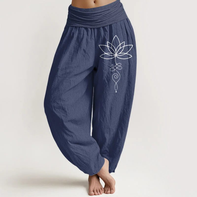 Pantaloni harem da donna in puro cotone con elastico in vita e motivo con Buddha Stones e simbolo di loto e unalome - Image 9
