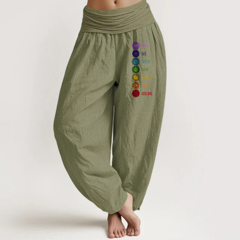 Pantaloni harem da donna in puro cotone con elastico in vita e stampa dei sette chakra con motivo Buddha Stones - Image 15