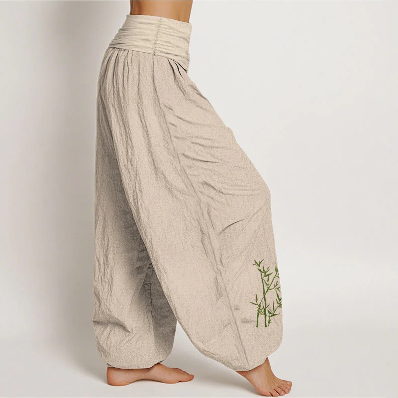 Pantaloni harem da donna in puro cotone con elastico in vita e stampa di bambù verde con motivo Buddha Stones - Image 13