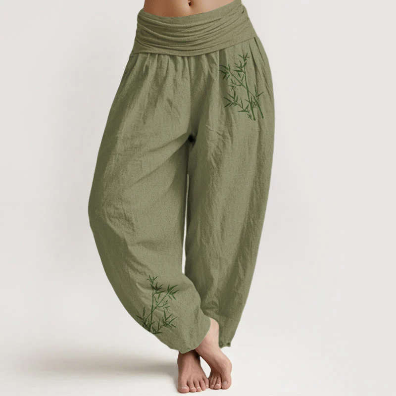 Pantaloni harem da donna in puro cotone con elastico in vita e stampa di bambù verde con motivo Buddha Stones - Image 15