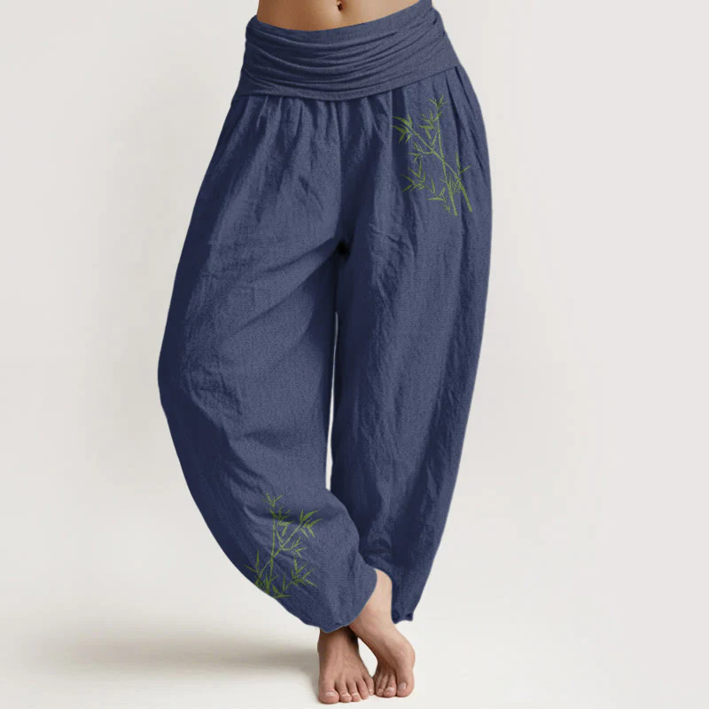 Pantaloni harem da donna in puro cotone con elastico in vita e stampa di bambù verde con motivo Buddha Stones - Image 6
