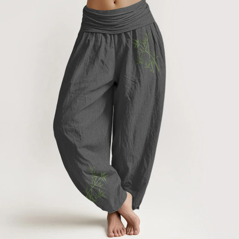 Pantaloni harem da donna in puro cotone con elastico in vita e stampa di bambù verde con motivo Buddha Stones - Image 9