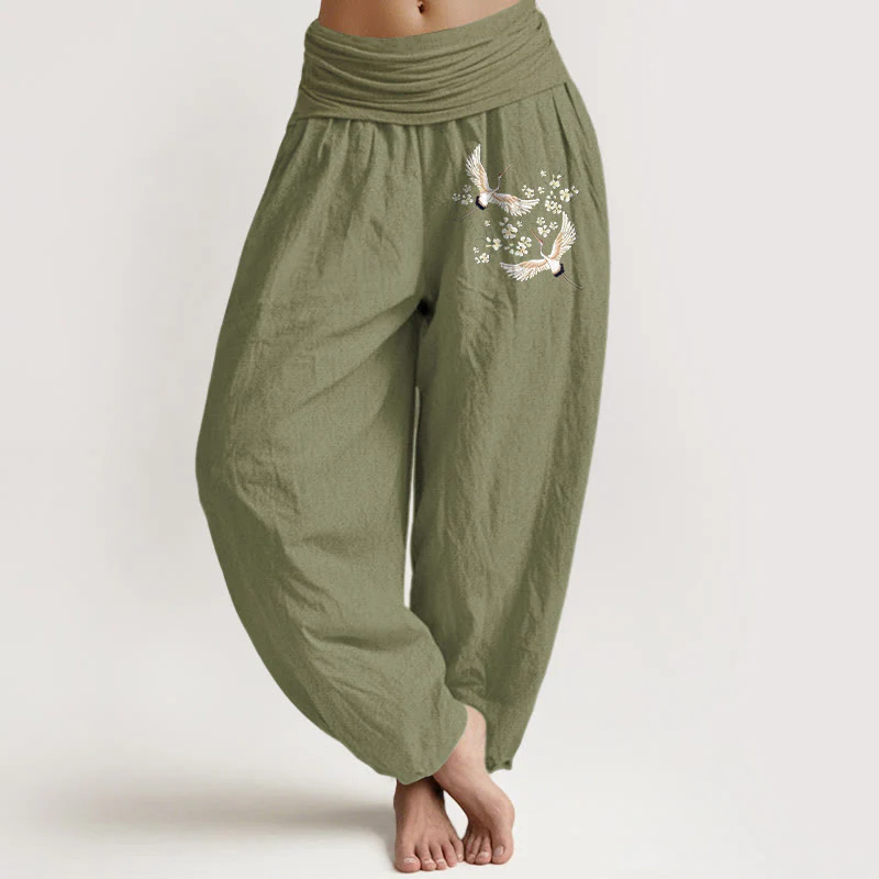Pantaloni harem da donna in puro cotone con elastico in vita, motivo Buddha Stones Cranes Flowers - Image 15
