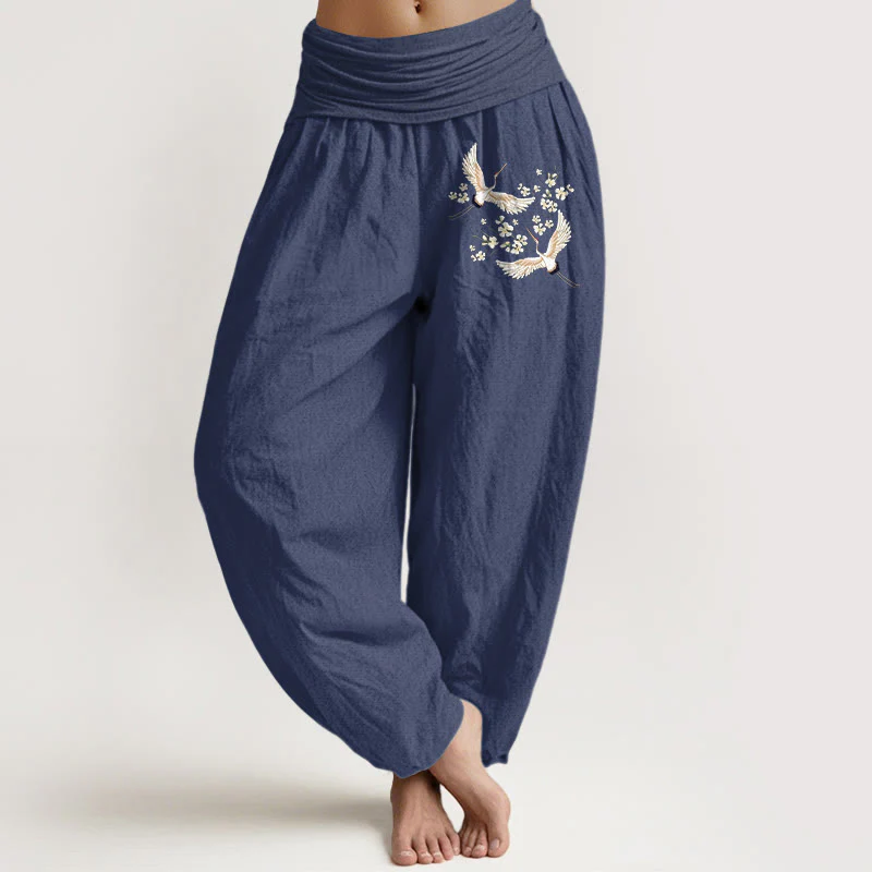 Pantaloni harem da donna in puro cotone con elastico in vita, motivo Buddha Stones Cranes Flowers - Image 6