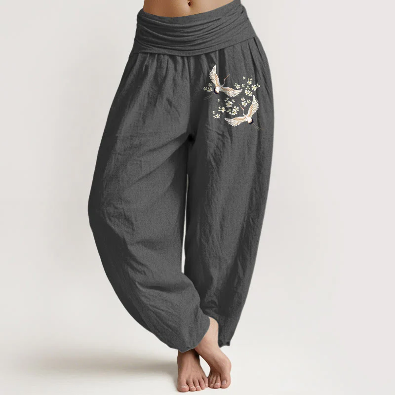 Pantaloni harem da donna in puro cotone con elastico in vita, motivo Buddha Stones Cranes Flowers - Image 9