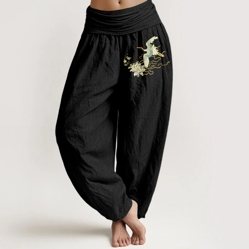 Pantaloni harem da donna in puro cotone con elastico in vita, motivo Buddha Stones Cranes Lotus