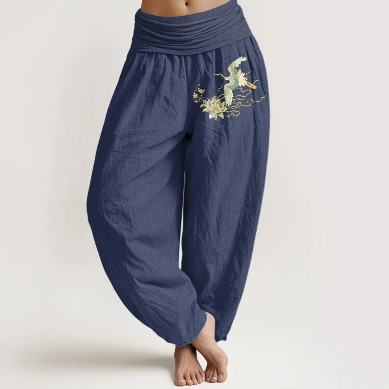Pantaloni harem da donna in puro cotone con elastico in vita, motivo Buddha Stones Cranes Lotus - Image 6