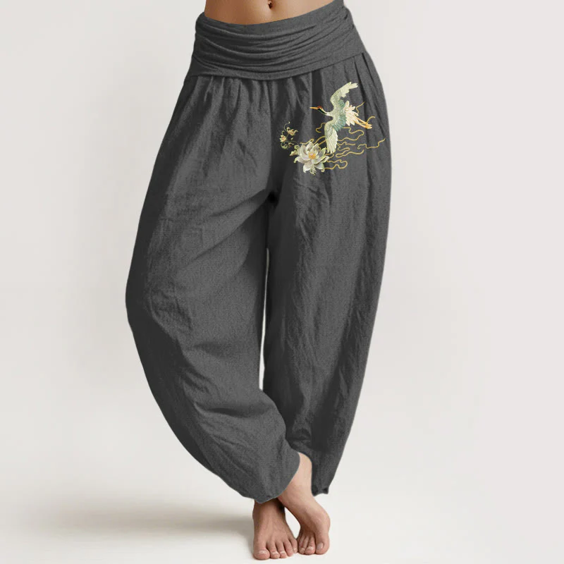 Pantaloni harem da donna in puro cotone con elastico in vita, motivo Buddha Stones Cranes Lotus - Image 9