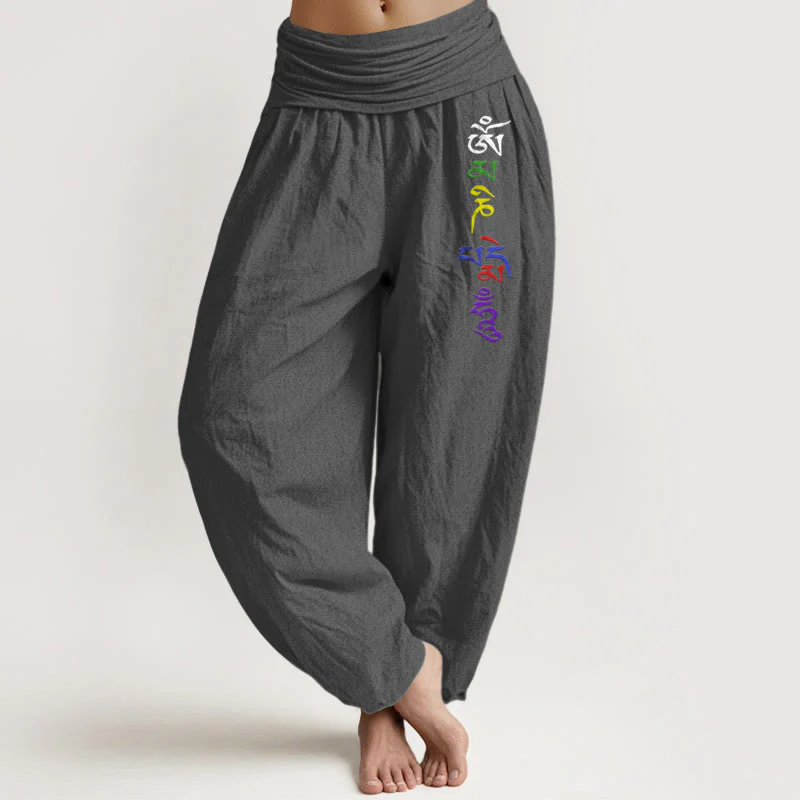 Pantaloni harem da donna in puro cotone con elastico in vita, simbolo Om e scritta tibetana, motivo Buddha Stones - Image 9
