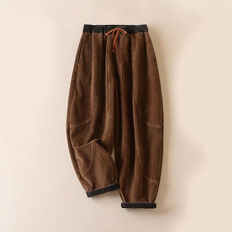 Pantaloni harem da donna in velluto a coste con contrasto di colore, foderati in pile termico e tasche, con Buddha Stones - Image 14