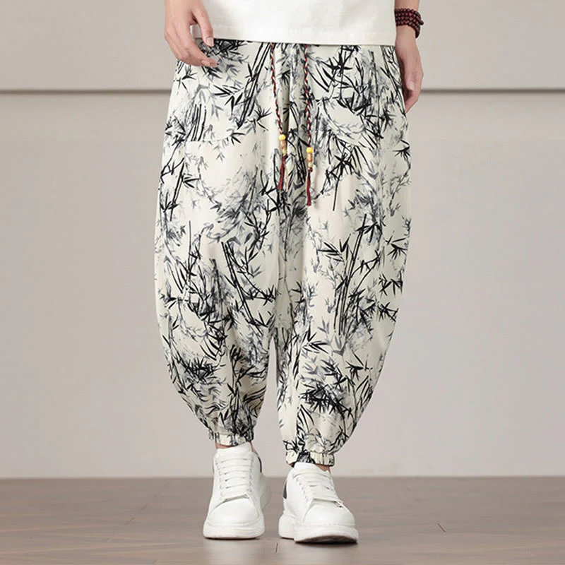 Pantaloni harem da uomo con coulisse e tasche con motivo a foglie di bambù Buddha Stones