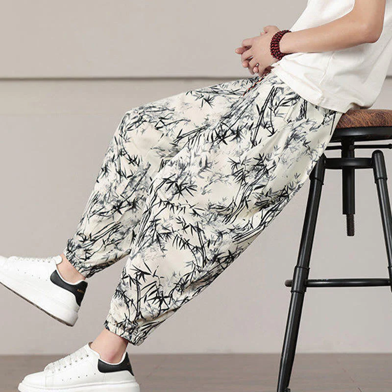 Pantaloni harem da uomo con coulisse e tasche con motivo a foglie di bambù Buddha Stones - Image 10