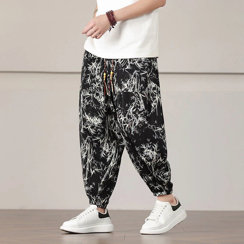 Pantaloni harem da uomo con coulisse e tasche con motivo a foglie di bambù Buddha Stones - Image 11