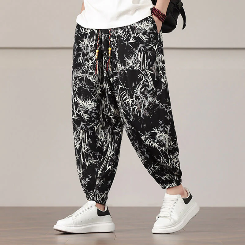 Pantaloni harem da uomo con coulisse e tasche con motivo a foglie di bambù Buddha Stones - Image 12