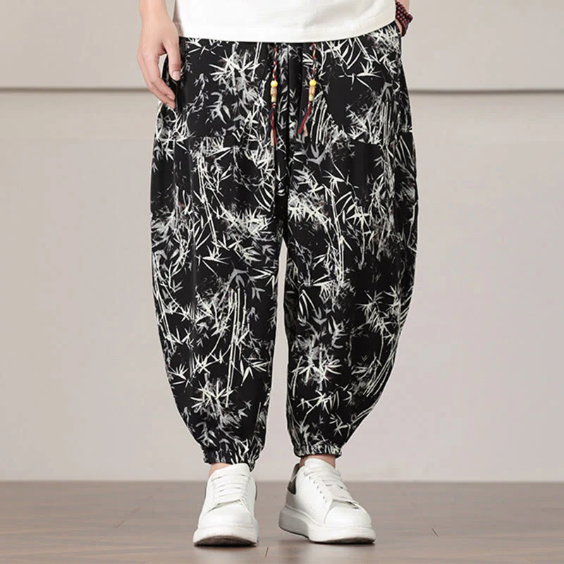Pantaloni harem da uomo con coulisse e tasche con motivo a foglie di bambù Buddha Stones - Image 13