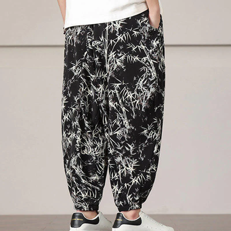 Pantaloni harem da uomo con coulisse e tasche con motivo a foglie di bambù Buddha Stones - Image 14