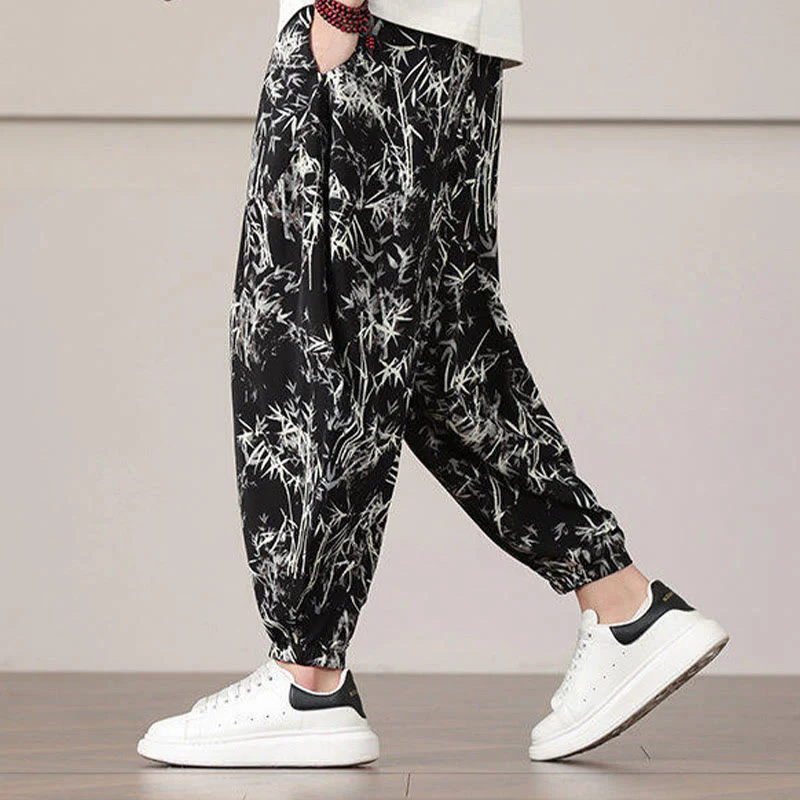 Pantaloni harem da uomo con coulisse e tasche con motivo a foglie di bambù Buddha Stones - Image 15