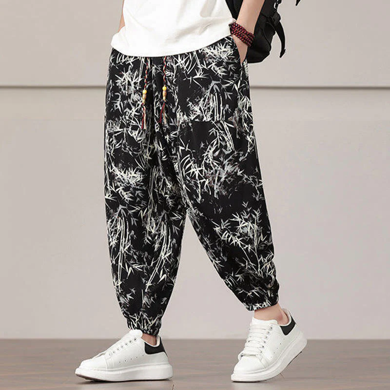 Pantaloni harem da uomo con coulisse e tasche con motivo a foglie di bambù Buddha Stones - Image 16