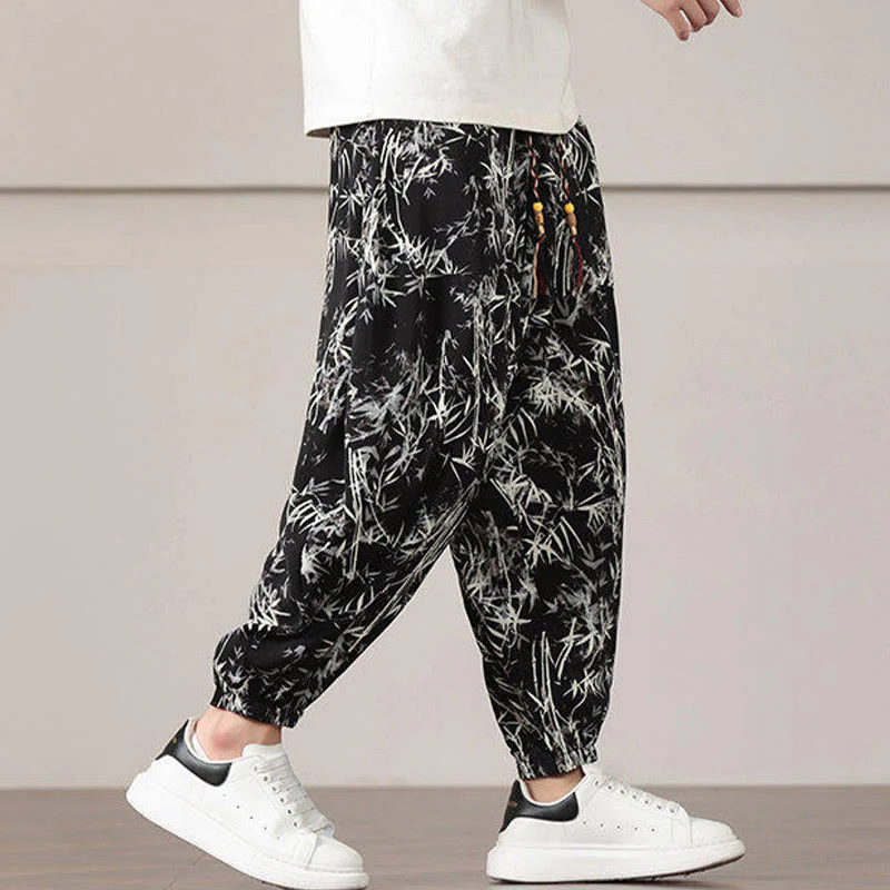 Pantaloni harem da uomo con coulisse e tasche con motivo a foglie di bambù Buddha Stones - Image 17