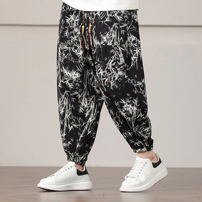 Pantaloni harem da uomo con coulisse e tasche con motivo a foglie di bambù Buddha Stones - Image 18