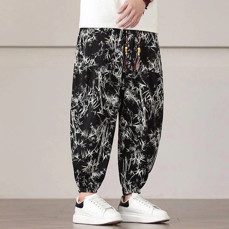 Pantaloni harem da uomo con coulisse e tasche con motivo a foglie di bambù Buddha Stones - Image 19